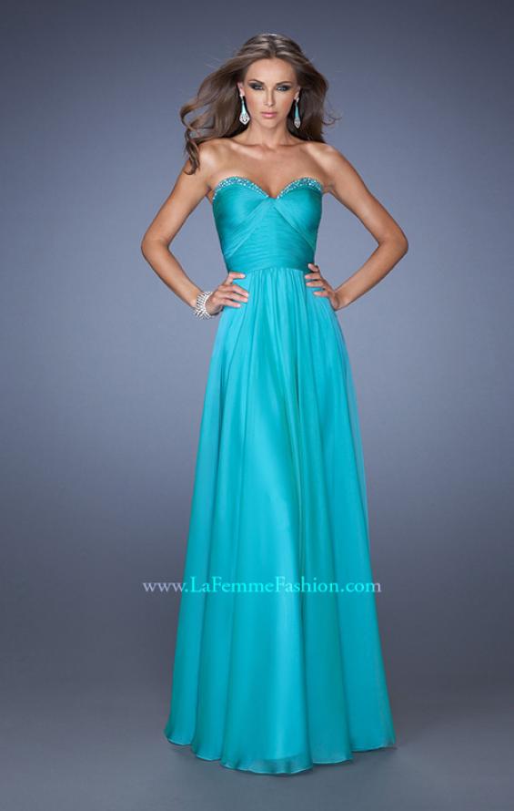 Picture of: Long Strapless Chiffon Prom Dress with a Gathered Bodice in Blue, Style: 19691, Detail Picture 1