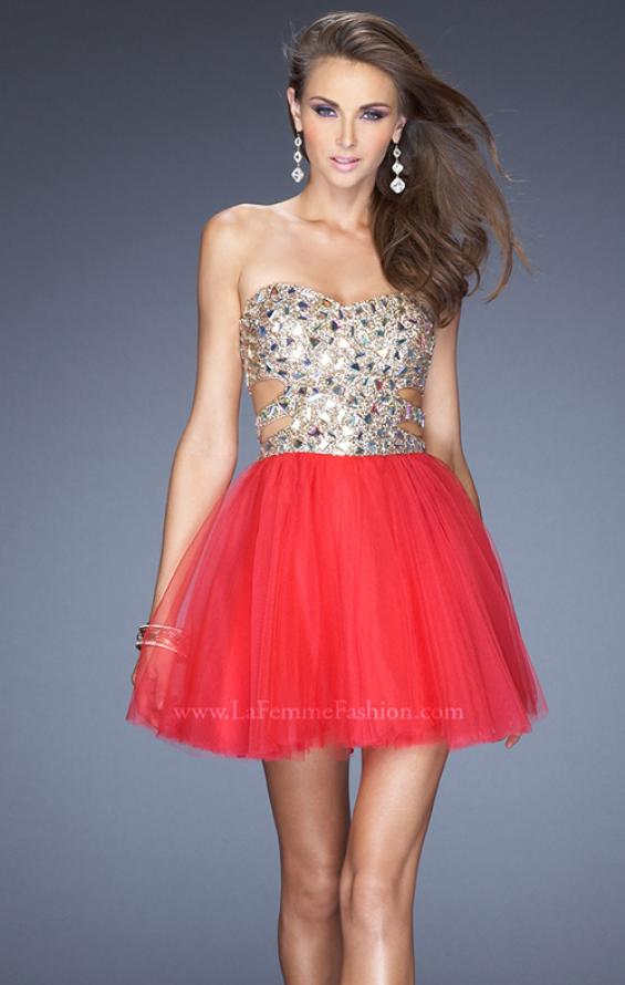 Picture of: Short Prom Dress with a Bedazzled Bodice and Tulle Skirt in Red, Style: 19701, Detail Picture 1