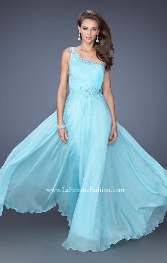 Picture of: One Shoulder Chiffon Long Prom Dress Trimmed with Lace in Blue, Style: 19706, Main Picture