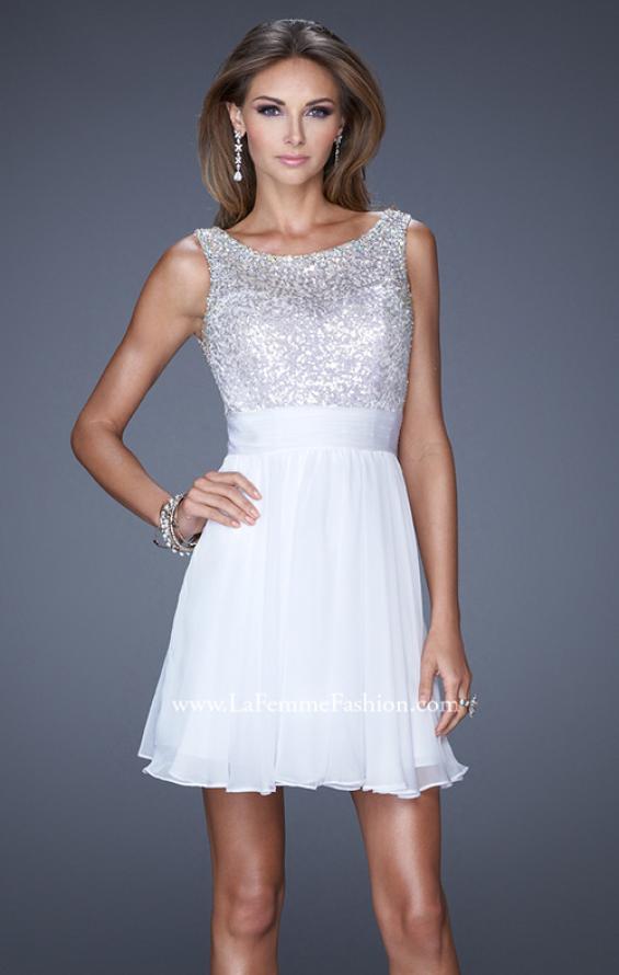 Picture of: Short Prom Dress with Chiffon Skirt and Sequin Bodice in White, Style: 19714, Detail Picture 2