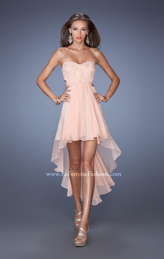 Picture of: Strapless High Low Chiffon Prom Dress with Embellished Lace in Orange, Style: 19716, Detail Picture 1