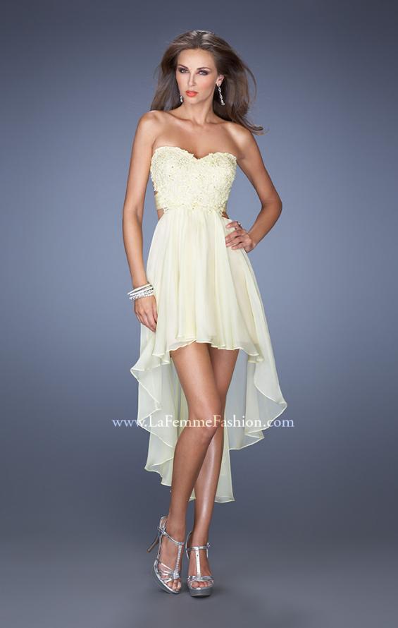Picture of: Strapless High Low Chiffon Prom Dress with Embellished Lace in Yellow, Style: 19716, Detail Picture 2