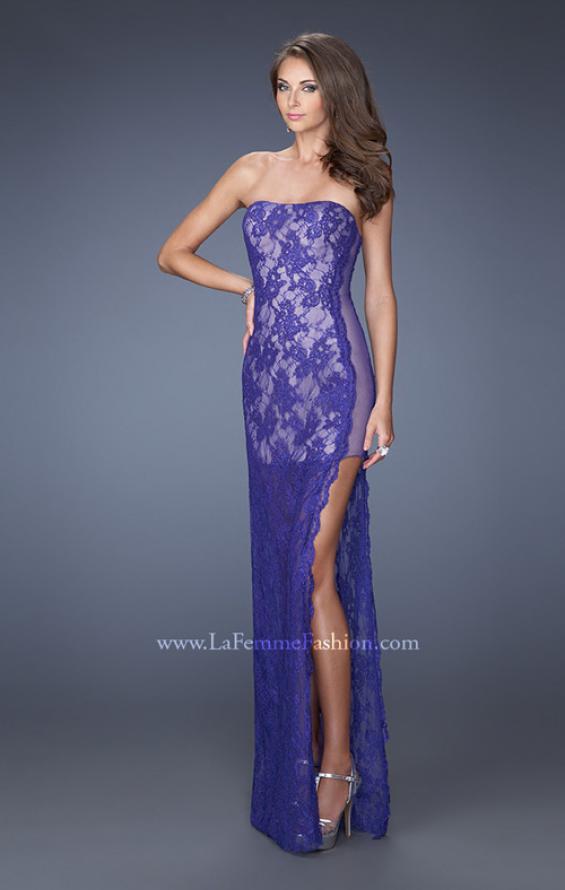 Picture of: Strapless Prom Dress Lace Overlay and an Open Side Slit in Purple, Style: 19717, Main Picture