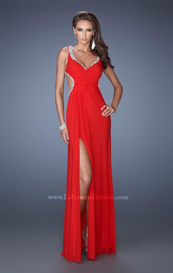 Picture of: Long Jersey Prom Dress with Ruched Bodice and Beading in Red, Style: 19729, Main Picture