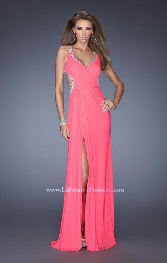 Picture of: Long Jersey Prom Dress with Ruched Bodice and Beading in Pink, Style: 19729, Detail Picture 1