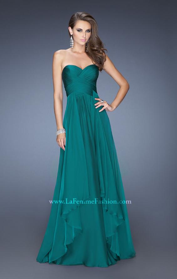 Picture of: Long Chiffon Strapless Prom Gown with a Tiered Skirt in Green, Style: 19741, Detail Picture 1