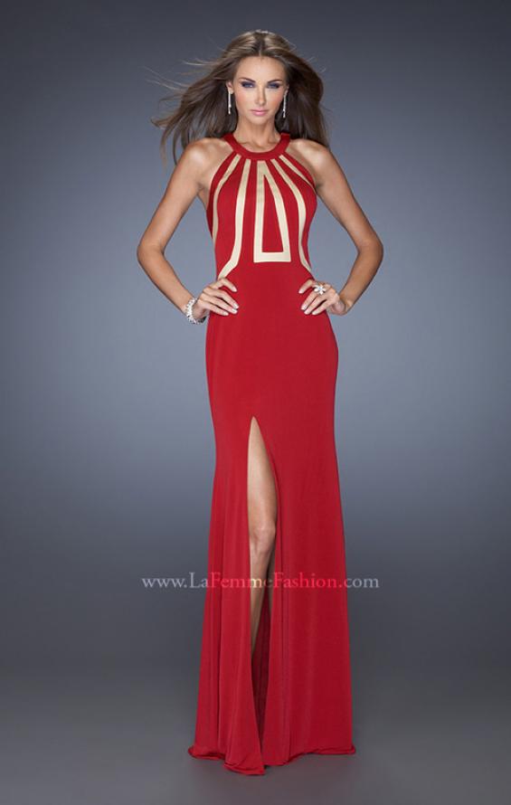 Picture of: Long Fitted Jersey Prom Gown with Bold Nude Cut Out Detail in Red, Style: 19769, Detail Picture 1