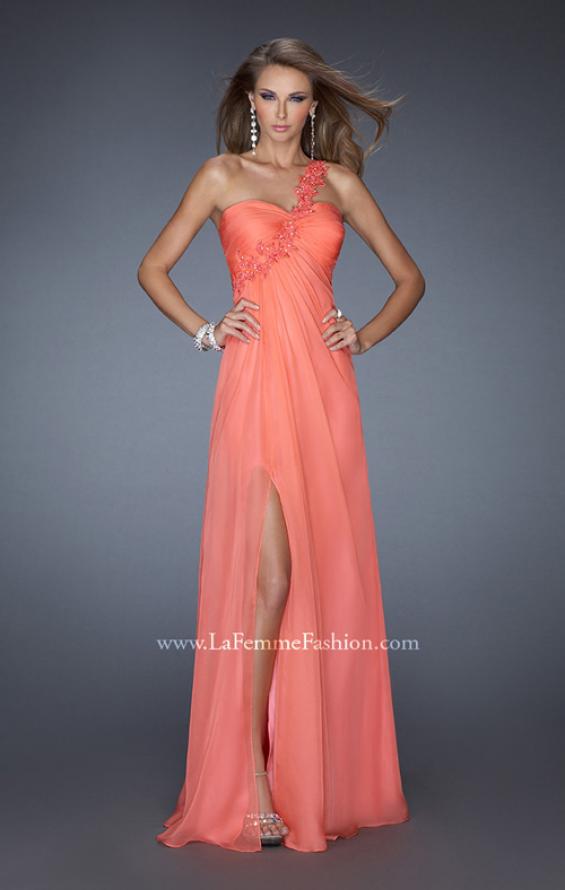 Picture of: Long Chiffon Prom Dress with a Lace One Shoulder Strap in Orange, Style: 19793, Detail Picture 1