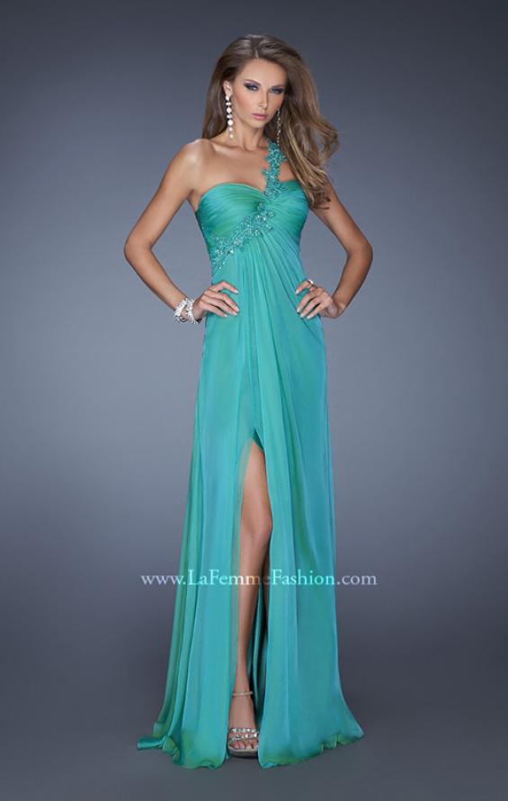 Picture of: Long Chiffon Prom Dress with a Lace One Shoulder Strap in Green, Style: 19793, Detail Picture 3