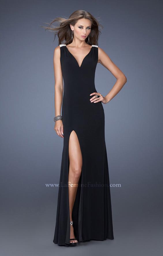 Picture of: Fitted Jersey Gown with Pearl Detail and Side Slit in Black, Style: 19814, Back Picture