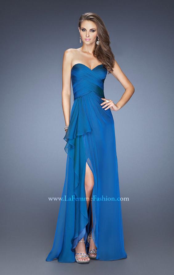 Picture of: Long Strapless Prom Dress with Ruched Bodice and Pearls in Blue, Style: 19823, Detail Picture 2
