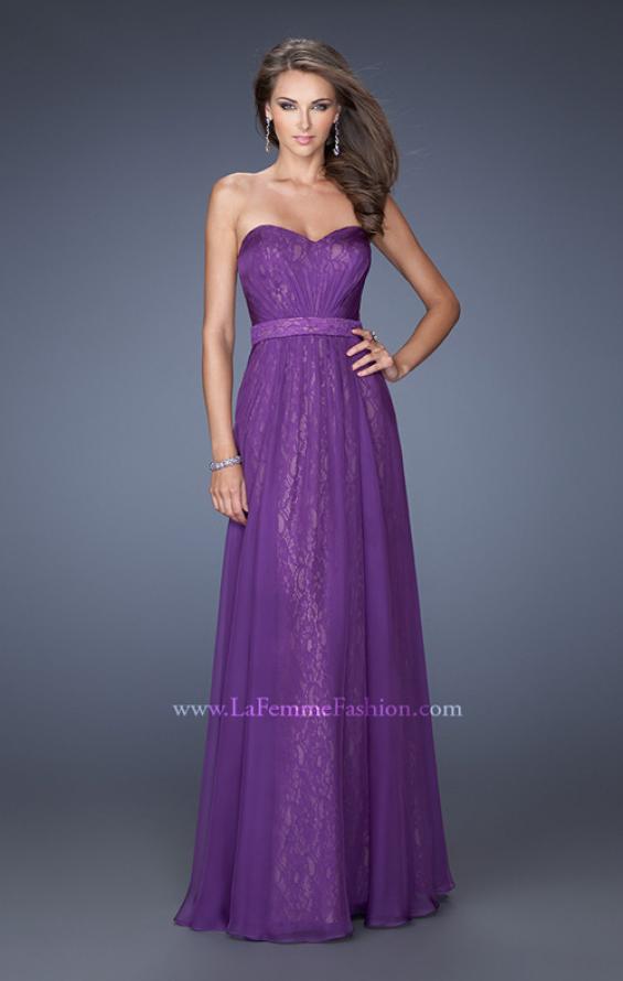 Picture of: Long Lace Prom Gown with Ruched Bodice and Belted Waist in Purple, Style: 19833, Main Picture