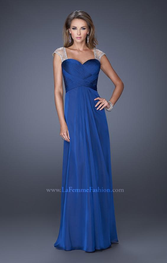Picture of: Sweetheart Chiffon Gown with Sheer Cap Sleeves and Slit in Blue, Style: 19883, Detail Picture 1