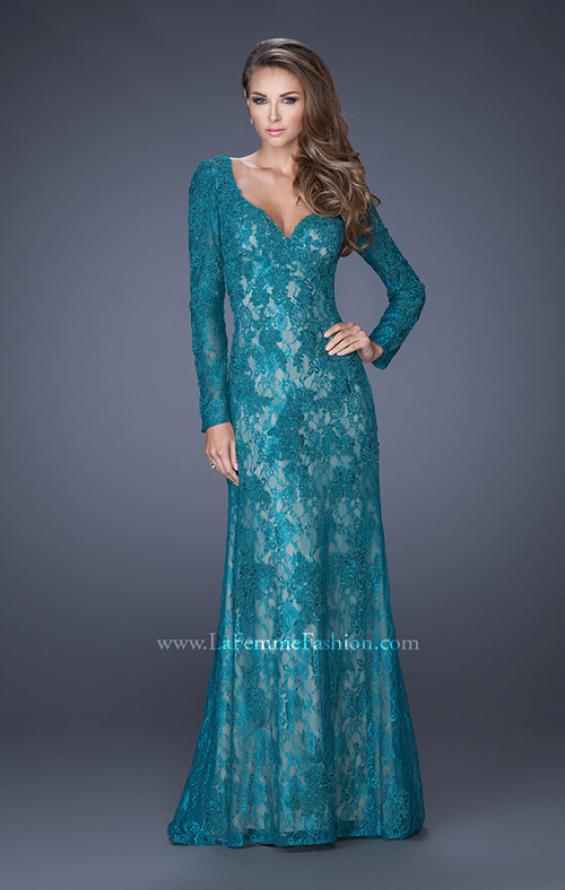 Picture of: Lace Prom Gown with V Neckline and Sheer Lace Sleeves in Green, Style: 19893, Main Picture
