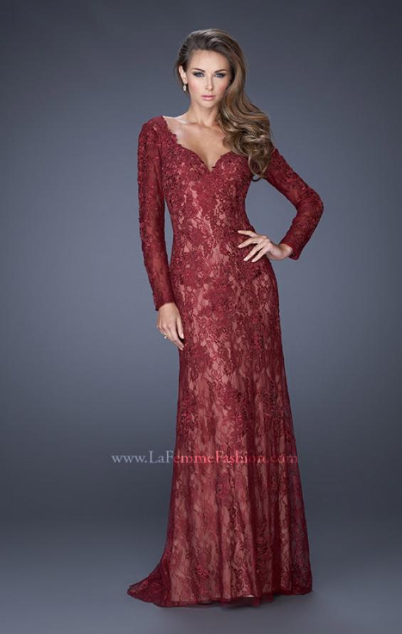 Picture of: Lace Prom Gown with V Neckline and Sheer Lace Sleeves in Red, Style: 19893, Detail Picture 1
