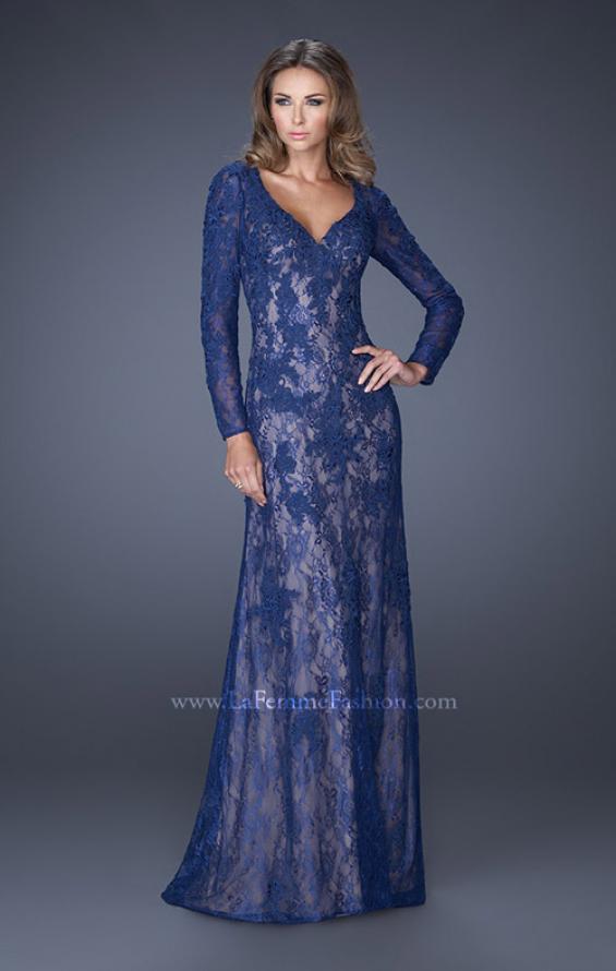 Picture of: Lace Prom Gown with V Neckline and Sheer Lace Sleeves in Blue, Style: 19893, Detail Picture 2