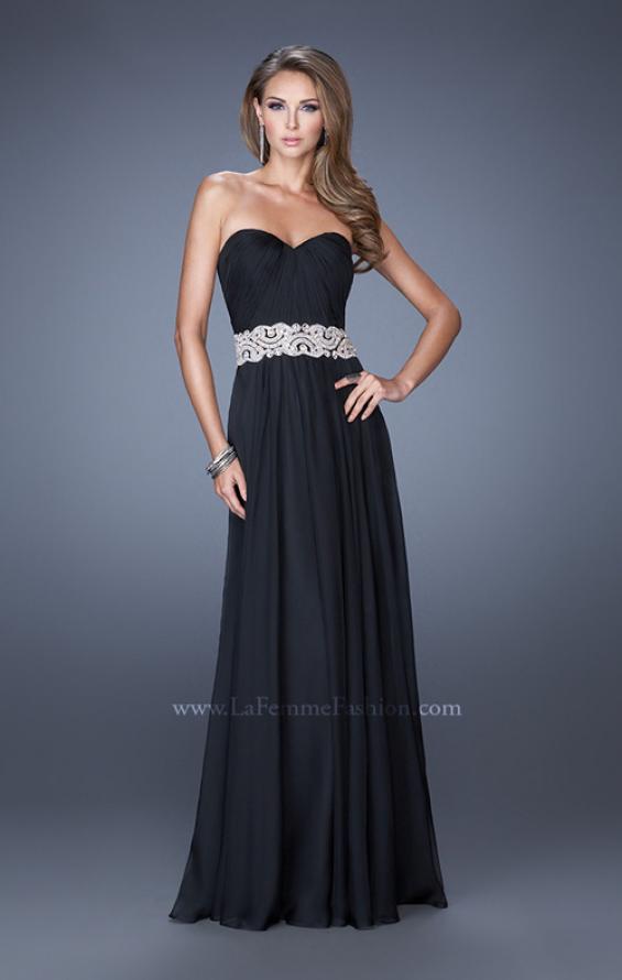Picture of: Long Strapless Chiffon Gown with Vintage Inspired Belt in Black, Style: 19931, Detail Picture 1
