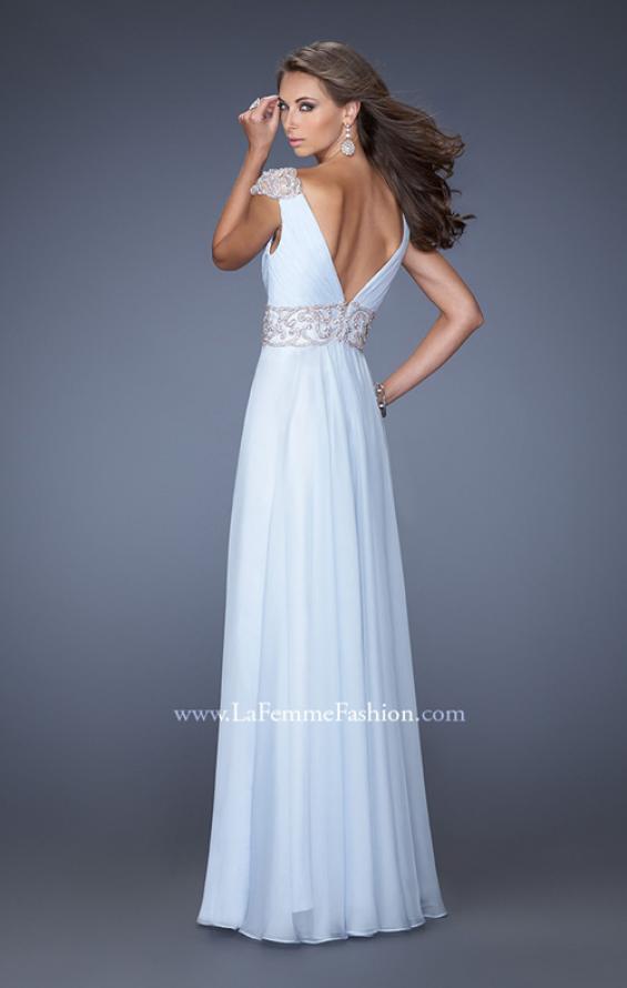 Picture of: Pleated Chiffon V Neck Gown with Beaded Cap Sleeves in Blue, Style: 19936, Back Picture