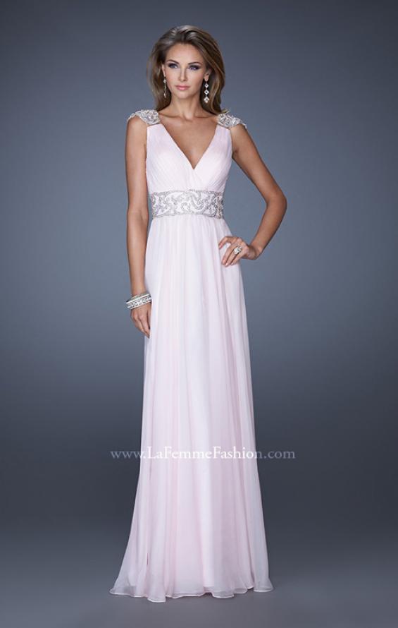 Picture of: Pleated Chiffon V Neck Gown with Beaded Cap Sleeves in Pink, Style: 19936, Detail Picture 1
