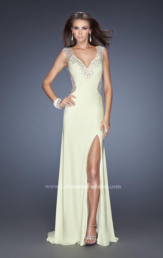 Picture of: V-Neck Jersey Prom Gown with Sheer Net Sleeves in Yellow, Style: 19941, Detail Picture 1
