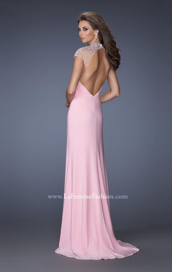 Picture of: Fitted Jersey Prom Dress with Cap Sleeves and Jewels in Pink, Style: 19942, Back Picture