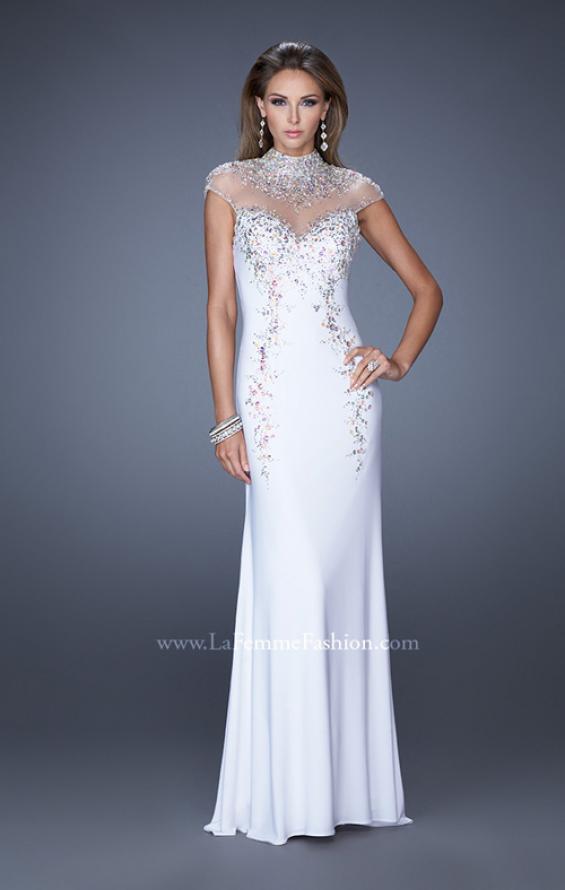 Picture of: Fitted Jersey Prom Dress with Cap Sleeves and Jewels in White, Style: 19942, Detail Picture 2