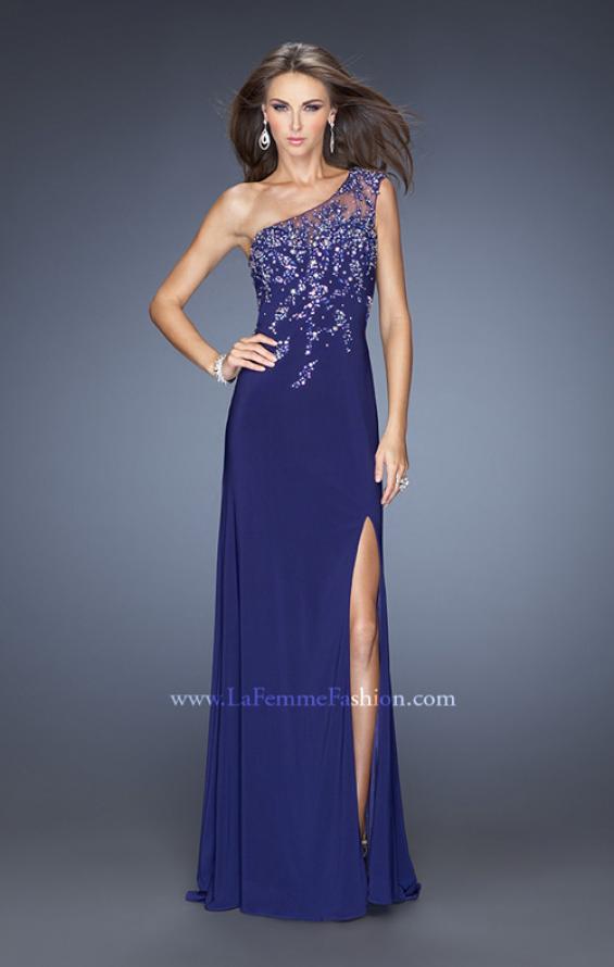 Picture of: One Shoulder Jersey Prom Dress with Side Leg Slit in Blue, Style: 19945, Detail Picture 1