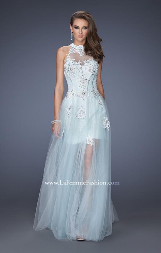 Picture of: High Neck Prom Dress with Floral and Jeweled Appliques in Blue, Style: 19970, Main Picture