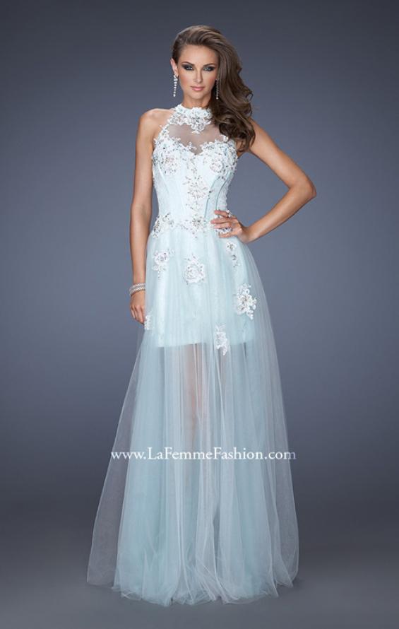 Picture of: High Neck Prom Dress with Floral and Jeweled Appliques in Blue, Style: 19970, Detail Picture 1
