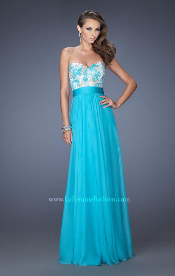 Picture of: Strapless Chiffon Gown with Multi Colored Lace Bodice in Blue, Style: 20001, Main Picture