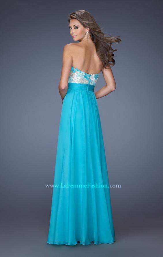 Picture of: Strapless Chiffon Gown with Multi Colored Lace Bodice in Blue, Style: 20001, Back Picture