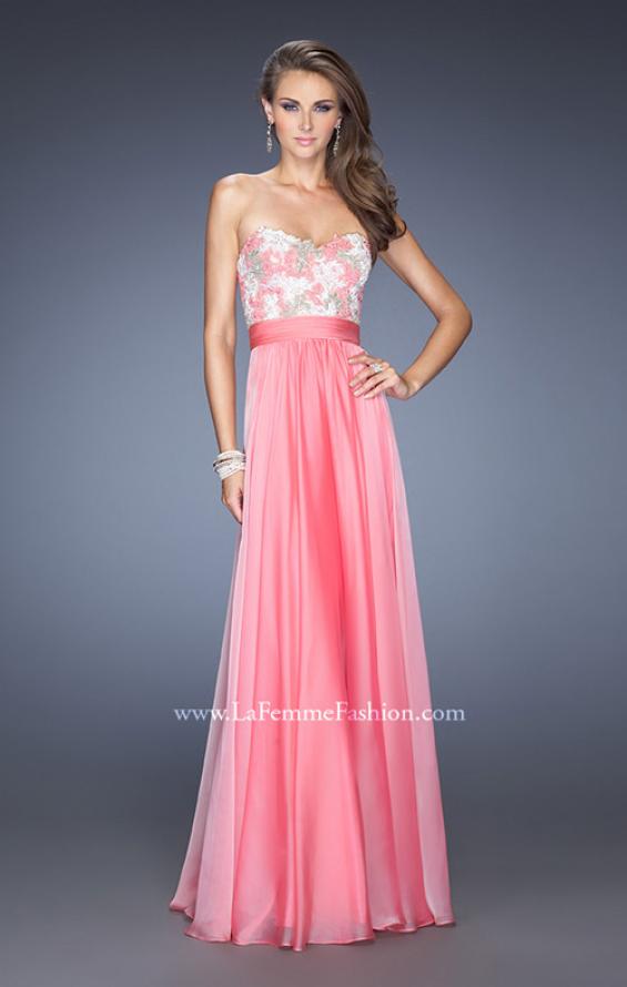 Picture of: Strapless Chiffon Gown with Multi Colored Lace Bodice in Pink, Style: 20001, Detail Picture 2
