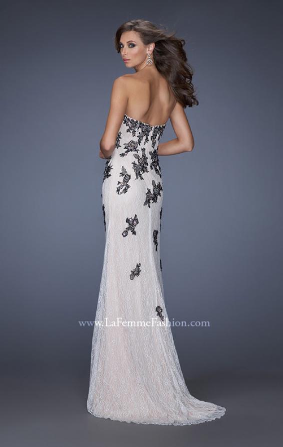 Picture of: Lace Column Prom Gown with Black Lace Appliques in White, Style: 20076, Back Picture