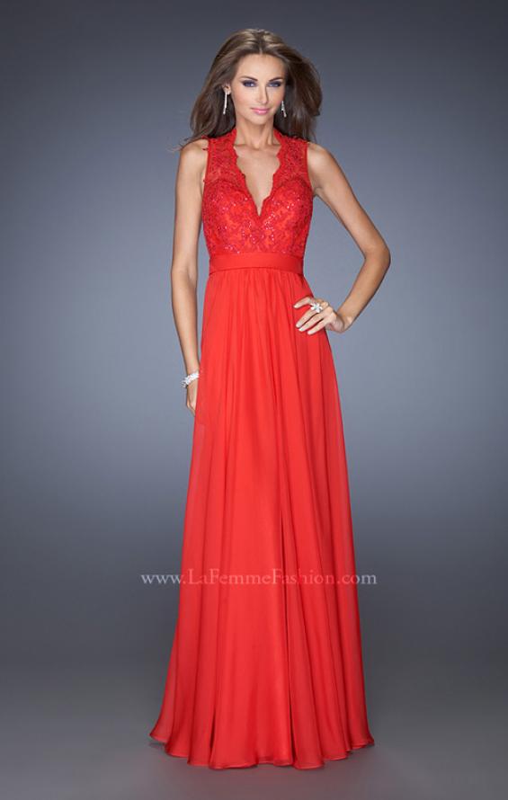 Picture of: V Neck Prom Dress with Gathered Skirt and Illusion Sleeves in Red, Style: 20109, Detail Picture 1