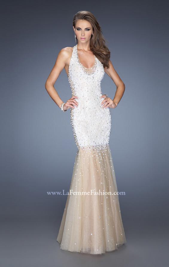 Picture of: Long Halter Mermaid Gown with Layered Tulle Skirt in White, Style: 20147, Detail Picture 1