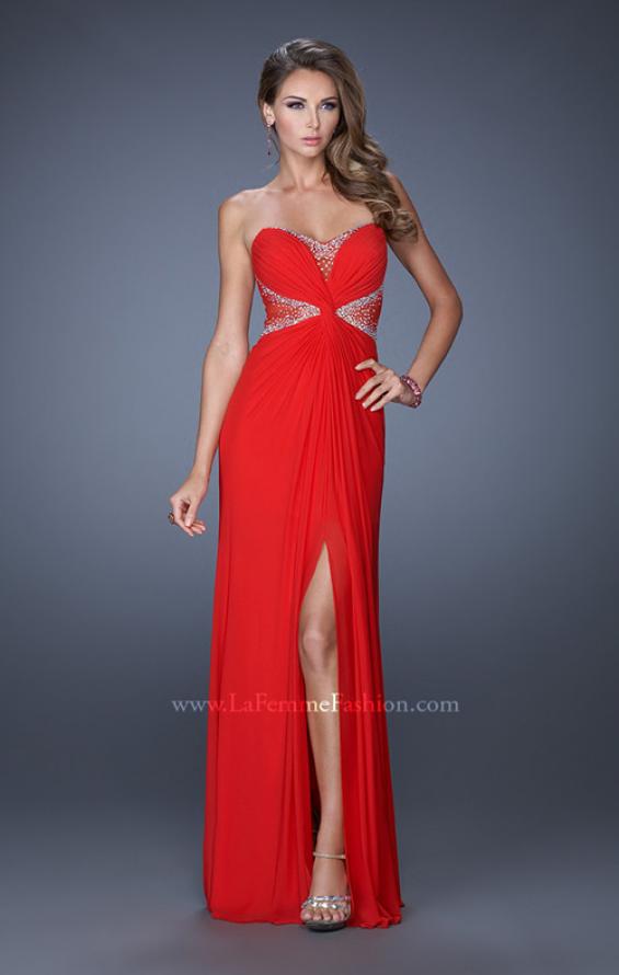 Picture of: Long Net Jersey Gown with Center Slit and Cut Outs in Red, Style: 20166, Detail Picture 2