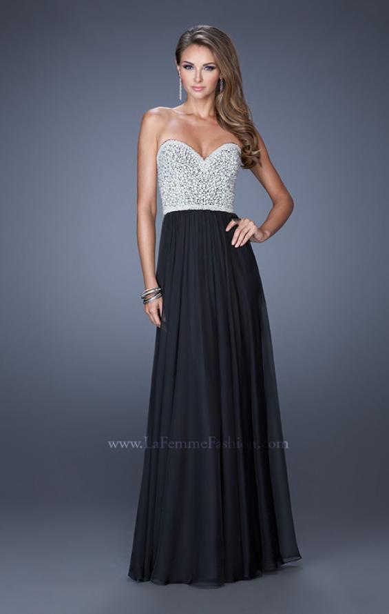 Picture of: Long Chiffon Prom Gown with Pearls and Rhinestones in Black, Style: 20211, Detail Picture 1