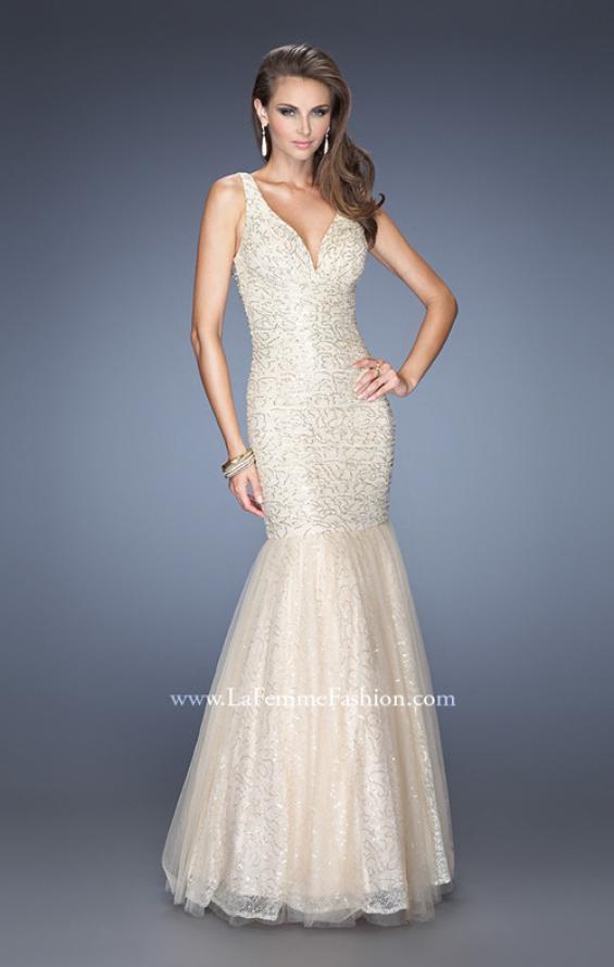 Picture of: V Neck Lace Mermaid Prom Dress Covered in Sequins in Nude, Style: 20381, Main Picture