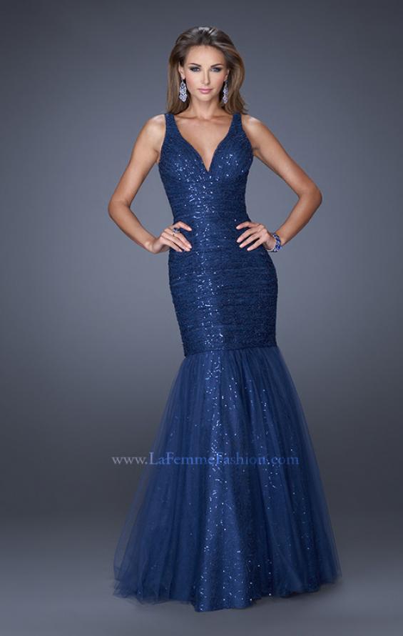 Picture of: V Neck Lace Mermaid Prom Dress Covered in Sequins in Blue, Style: 20381, Detail Picture 1