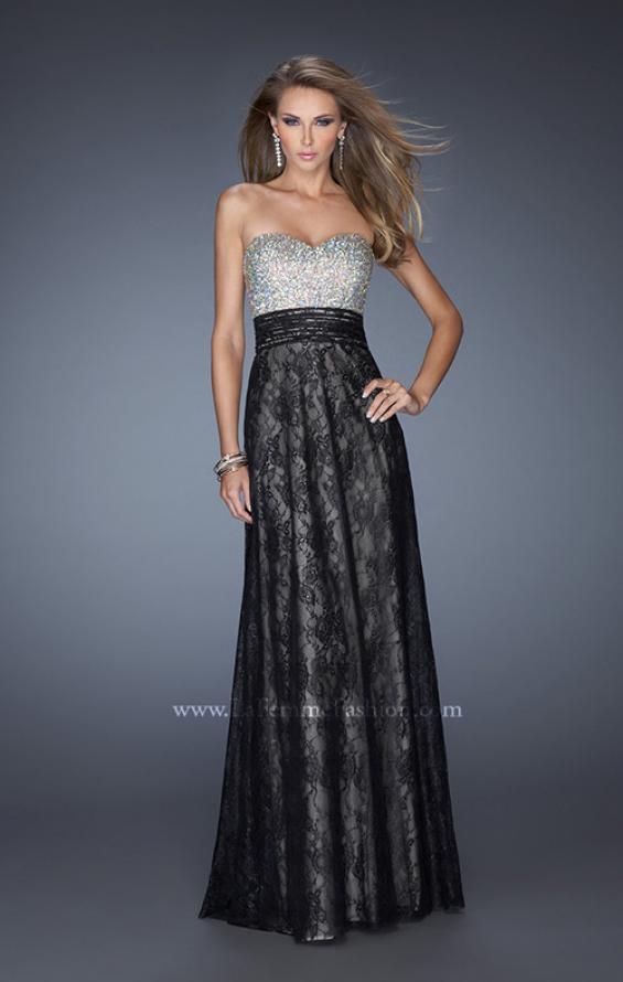 Picture of: Lace Prom Gown with Iridescent Jewel Detailing in Black, Style: 20385, Detail Picture 3