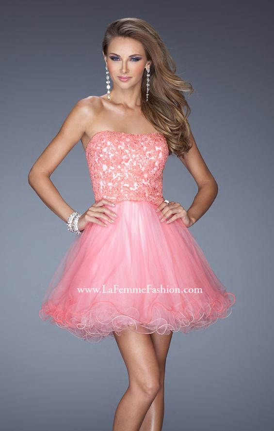 Picture of: Short Strapless Tulle Dress with ruffled Hem and Lace in Pink, Style: 20386, Detail Picture 1