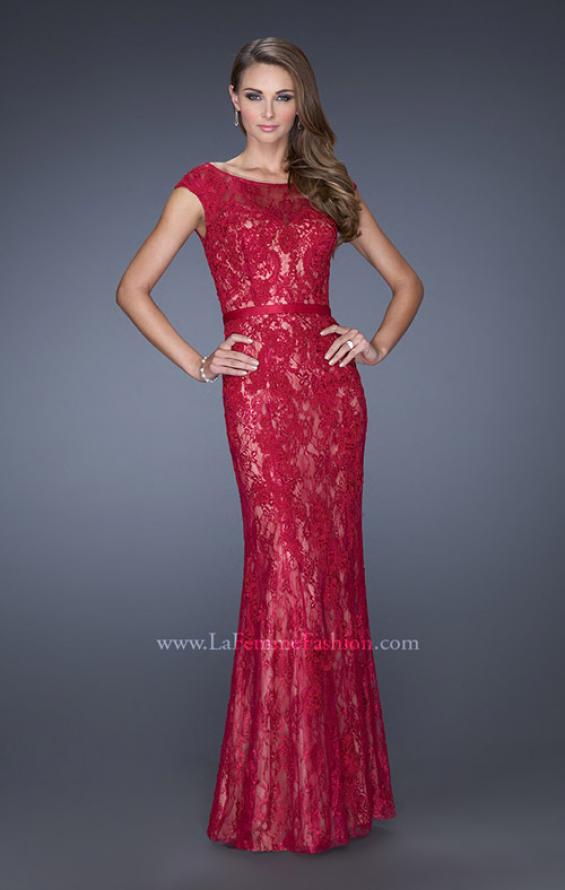 Picture of: Lace Evening Gown with Cap Sleeves and Ribbon Belt in Red, Style: 20394, Main Picture
