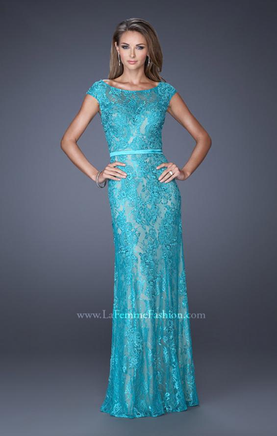 Picture of: Lace Evening Gown with Cap Sleeves and Ribbon Belt in Blue, Style: 20394, Detail Picture 2