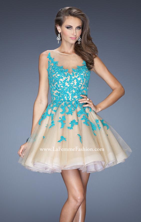 Picture of: Lace Short Dress with Full Tulle Skirt and Sheer Neck in Blue, Style: 20399, Main Picture