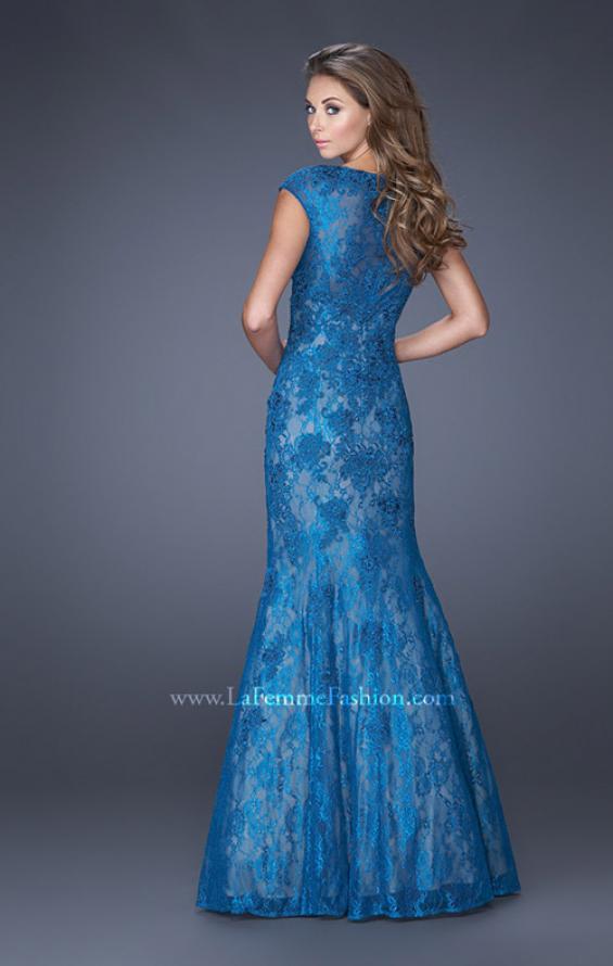 Picture of: Trumpet Style Gown with Sheer Lace Detailing in Blue, Style: 20427, Back Picture