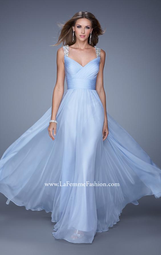 Picture of: Long Chiffon Gown with Jeweled Straps and V Neck in Blue, Style: 20448, Main Picture
