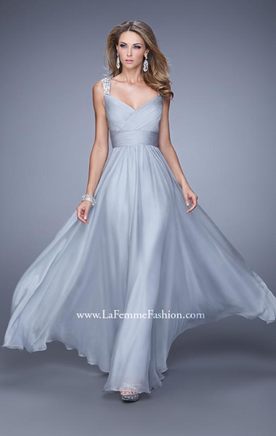 Picture of: Long Chiffon Gown with Jeweled Straps and V Neck in Silver, Style: 20448, Detail Picture 2