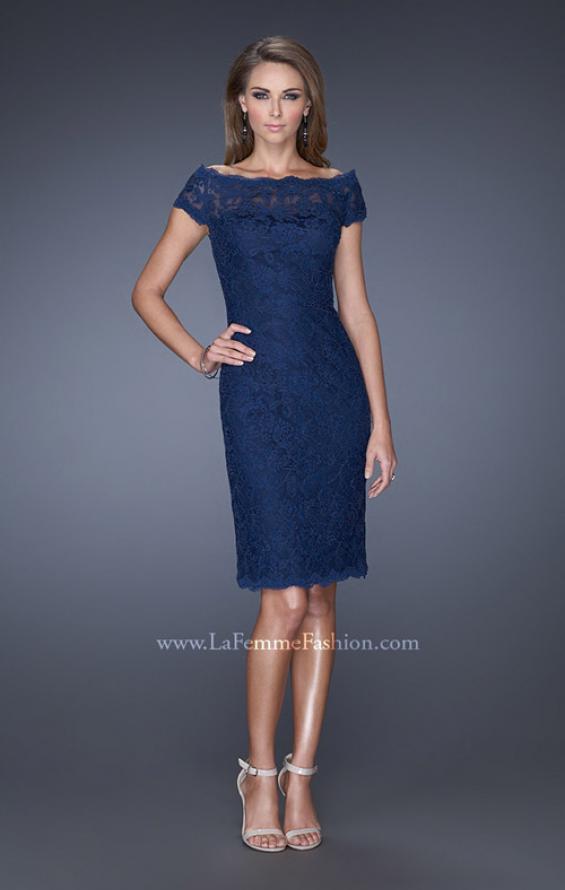 Picture of: Cap Sleeve High Neck Lace Evening Dress with Lace Trim in Blue, Style: 20462, Main Picture