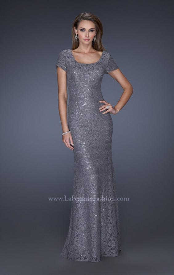 Picture of: Sequin Lined Evening Gown with Short Sleeves and Lace in Silver, Style: 20463, Detail Picture 1