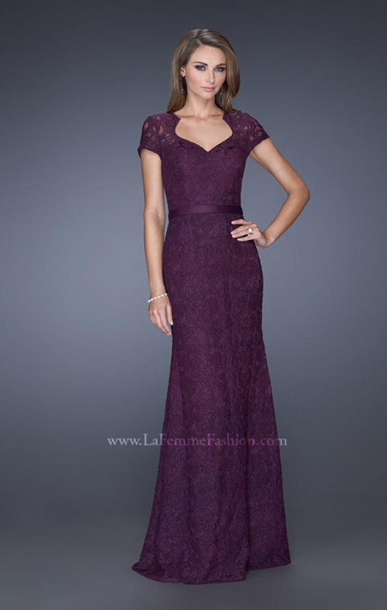 Picture of: Cap Sleeve Lace Evening Dress with Belted Waist in Purple, Style: 20464, Main Picture